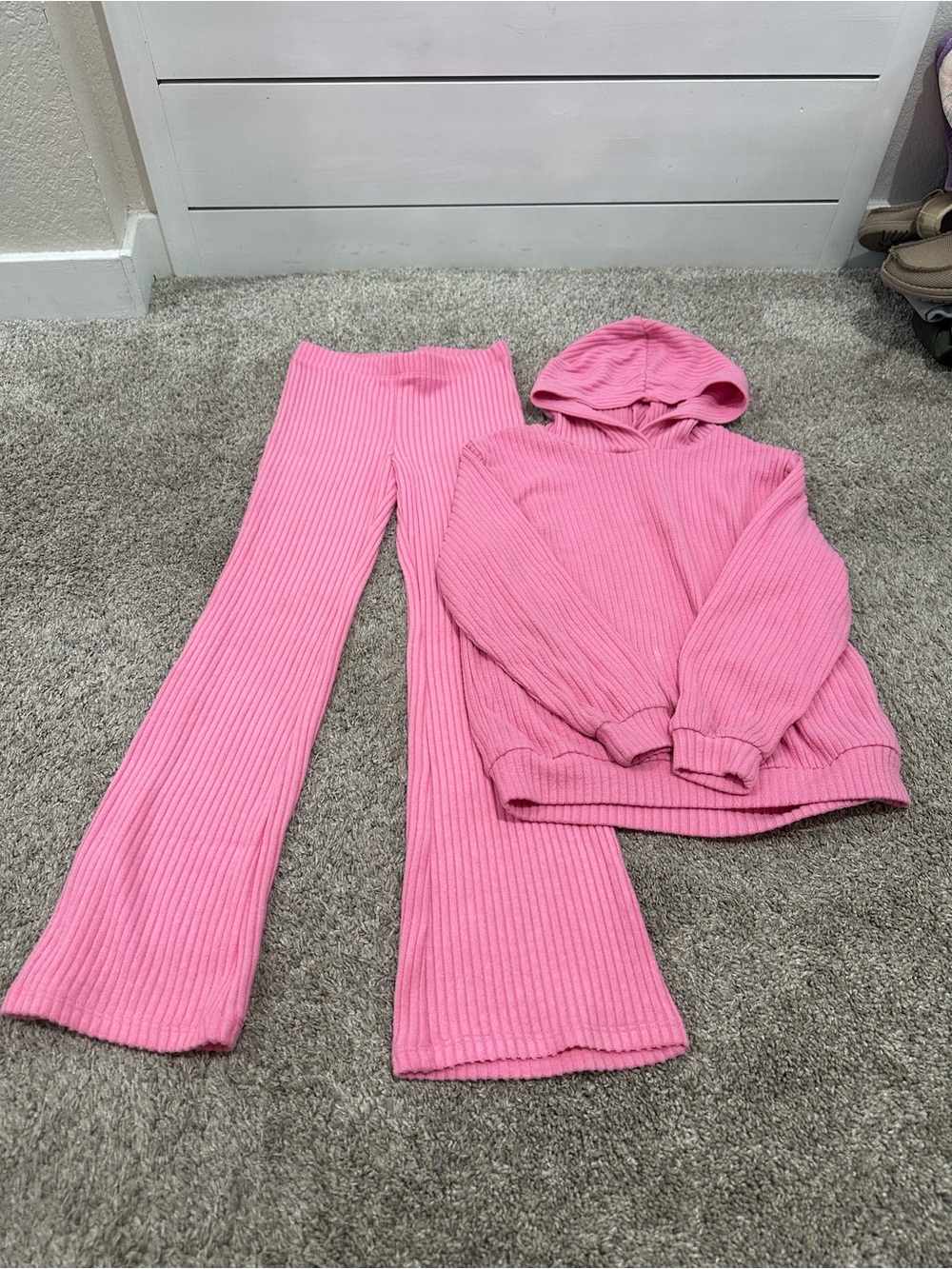 H&M Pink Ribbed Hoodie & Flared Pants Set